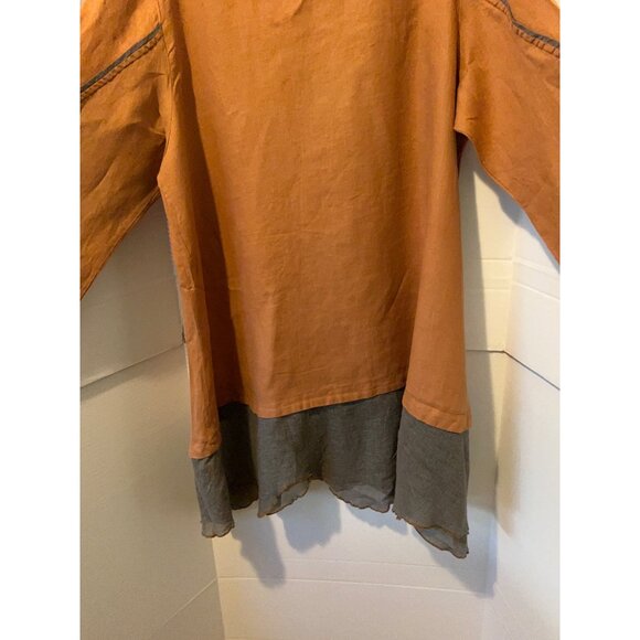 Peacock Ways Linen Blend Tunic Dress Orange Boho Artsy Asymmetrical Hem Embroide - Picture 14 of 14